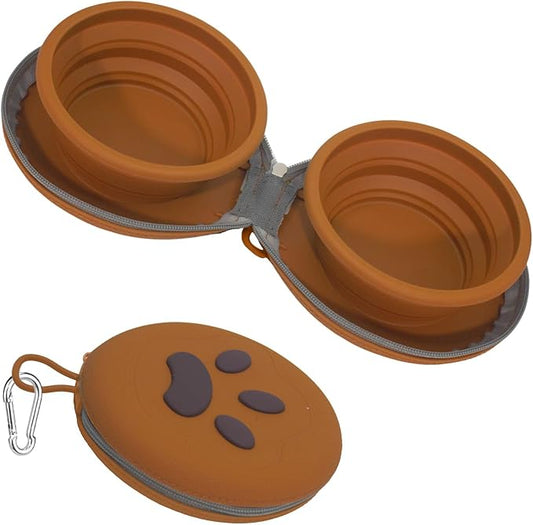 Collapsible Dog Bowls, 2-in-1 Silicone Pet Food and Water Bowl with Carabiner, Portable Double Compartment Dish for Travel, Camping, Hiking Puppy Essentials (Brown)