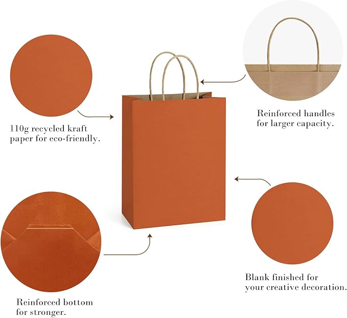 BagDream Gift Bags 8x4.25x10.5 Inches 25Pcs Orange Kraft Paper Bags with Handles, for Shopping, Retail, Merchandise, Business, Party Favor, Halloween Paper Gift Sacks