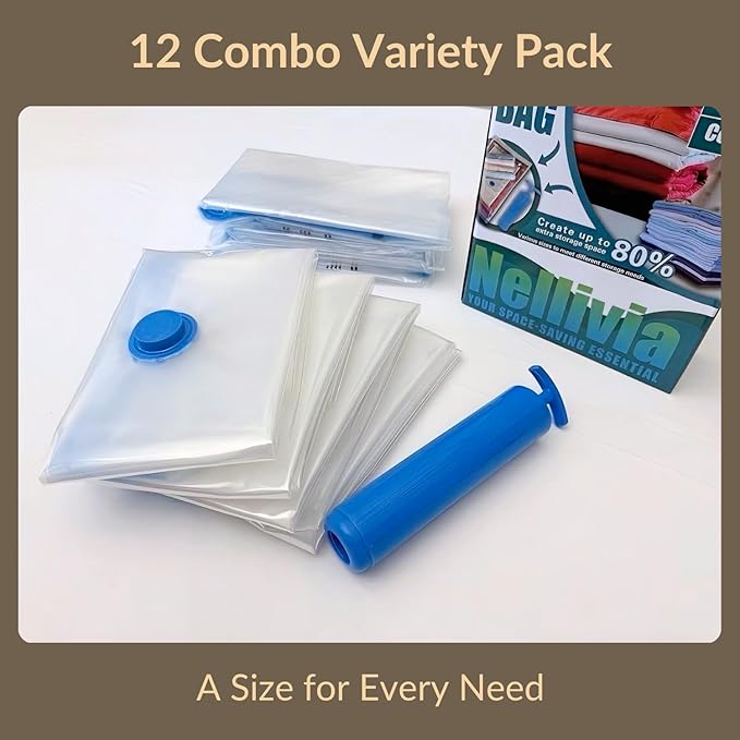 12 Pack Vacuum Storage Bags with Hand Pump, Compression Space Saver for Comforter, Bedding, Blanket Storage, Vacuum Seal Bags for Clothing, Luggage Suitcase and Closet Organizer