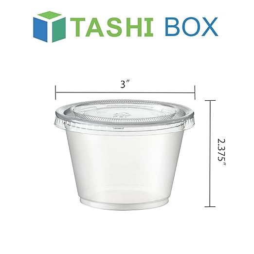 TashiBox Plastic Portion Cups with Lids [5.5 oz-100 Sets] Souffle Cups, Jello Shot Cups, Condiment Sauce Containers For Sampling, Sauce, Snack or Dressing