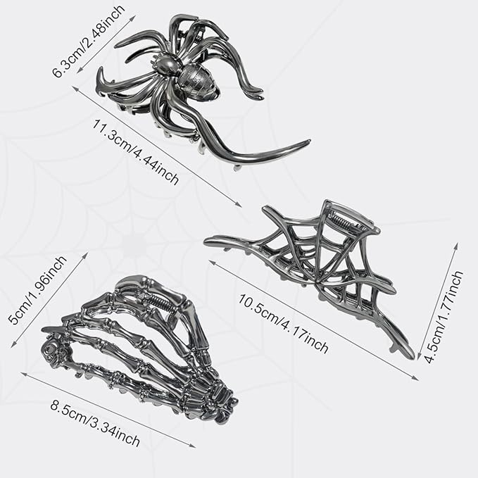 3 Pieces Large Metal Spider Net Hand Hair Claw Clips for Women and Girls Thick Long Hair, Nonslip Skeleton Spooky Barrette Headband Hair Styling Accessories for Halloween Christmas Gifts