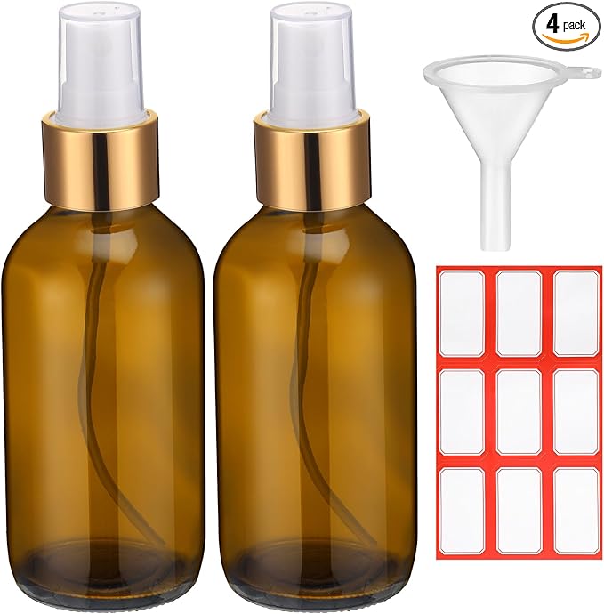 Fumete 2 Pack Glass Bottles 4oz Empty Refillable Liquid Containers with 1 Label 1 Funnel for Essential Oils Hair Travel Plants Cleaning Skin Care(Amber, Golden Top,Mist Bottle)