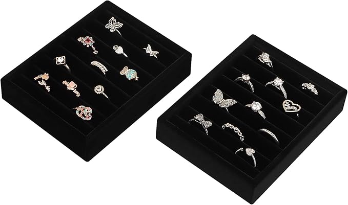 DesignSter Small Jewelry Tray-Ring Organizer 2PCS Premium Velvet Rings Earrings Display Tray Storage Insert Holder for Jewelry Box, Drawer, Dresser (8 Slots, Black)