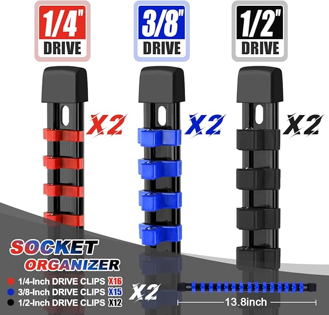 6 Pcs Socket Organizer Rail Set, Premium Socket Holder, Heavy-Duty Socket Rack Kit With 86 Clips 1/4-Inch x 32 Clips, 3/8-Inch x 30 Clips, 1/2-Inch x 24 Clips – Ideal for Tool Storage
