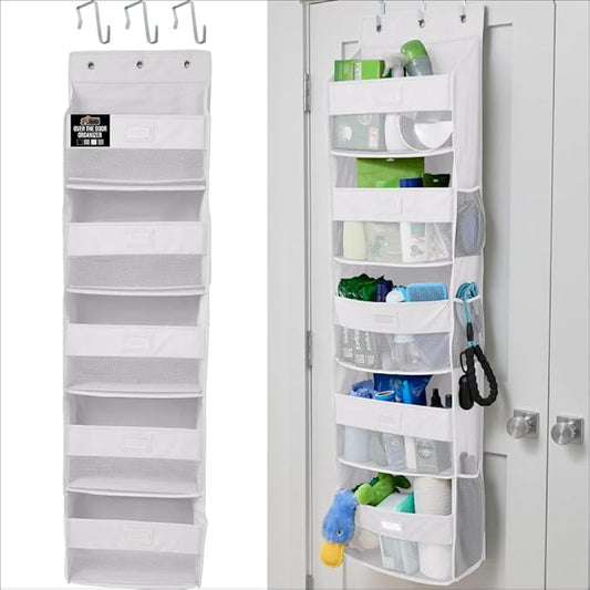 GORILLA GRIP Large Capacity Closet Organizer, 5 Deep Shelves, Holds 50lbs, Over the Door Organizers 6 Mesh Pockets, Shelf Storage for Clothes Crafts Dorm Essentials, 3 Metal Hooks, 58x15 Inches, White