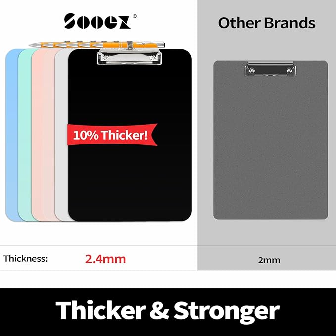 Sooez Plastic Clipboard with Pen Holder, [10% Thicker] Clip Boards 8.5x11 with Low Profile Clip, Cute Hanging Clipboard, Standard Letter Size A4 for Women Kid Teacher, Office & School Supplies, Clear