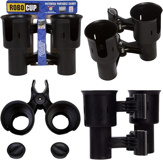 ROBOCUP, (Black), Patented Clamp On Boat Cup Holder |Multifunction Dual Drink Caddy for Fishing Poles, Tools, Net, Gaff |Portable Storage for Boating, Beach, Umbrellas, Golf Carts, Strollers