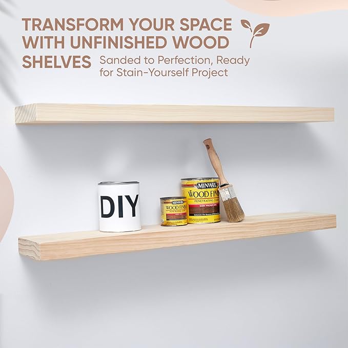 Homeforia 60 inch Wood Floating Shelf, High End Solid Natural Long Wood Shelf for Wall 60 inches, Unfinished Wooden 60inch Large Floating Shelves, Heavy Duty Bracket, 60 X 6.5 X 1.75 in, Set of 3