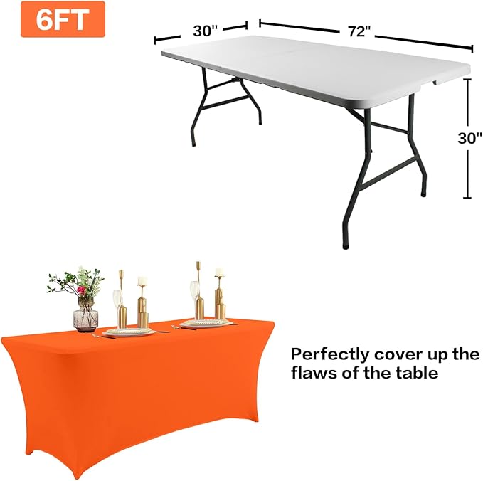 IVAPUPU 2 Pack 4FT Table Cloth for Rectangular Fitted Events Stretch Orange Table Covers Washable Cover Spandex Tablecloth Protector for Party, Wedding, Cocktail, Banquet, Festival