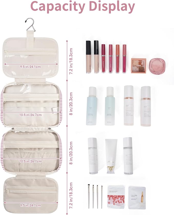 Narwey Striped Hanging Toiletry Bag for Women Travel Makeup Bag Organizer Toiletries Bag for Travel Size Essentials Accessories Cosmetics (Dusty Pink Stripe (Medium))