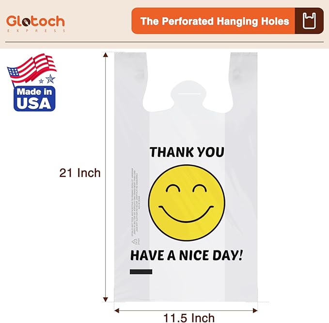 Glotoch 1000 Count Plastic Thank You T-shirt Bags Smile Face, 11.5 x 6.5x 21" HAVE A NICE DAY Grocery Shopping Gift Bag with Handle for Restaurant, Retail, Takeout, Convenience Store, in Bulk Business