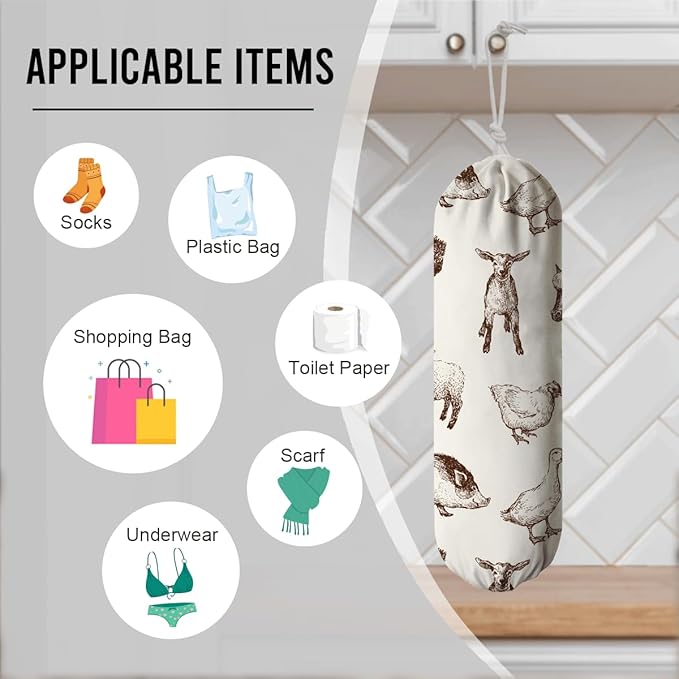 Animals Plastic Bag Holder, Reusable Hanging Grocery Bags Organizer, Wall Mount Plastic Bags Organizer Dispenser for Kitchens, Grocery Stores, Camping Trips, Kitchen Pattern Garbage Bag 50