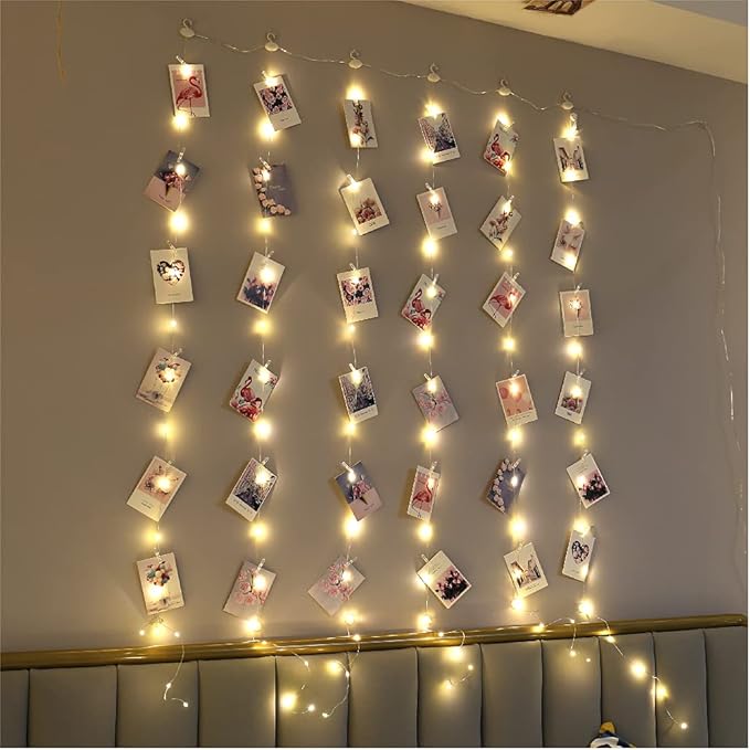 ZSJWL 3.3×5ft Short Curtain Lights with 8 Hook for Small Windows, 96 LED Warm White Photo Clips String Light with 52 Clear Clips, Remote Control 8 Modes USB Fairy Lights for Bedroom, Party, Wall