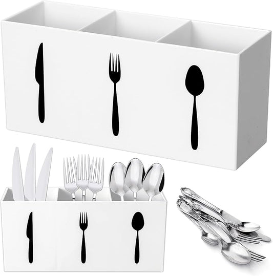 Suzile Acrylic Cutlery Storage Organizer Bin Silverware Caddy Countertop Knife Spoon and Fork Holder Kitchen 3 Section Tableware Storage Box for Cabinet Indoor Home Flatware Dining Room(White,L)