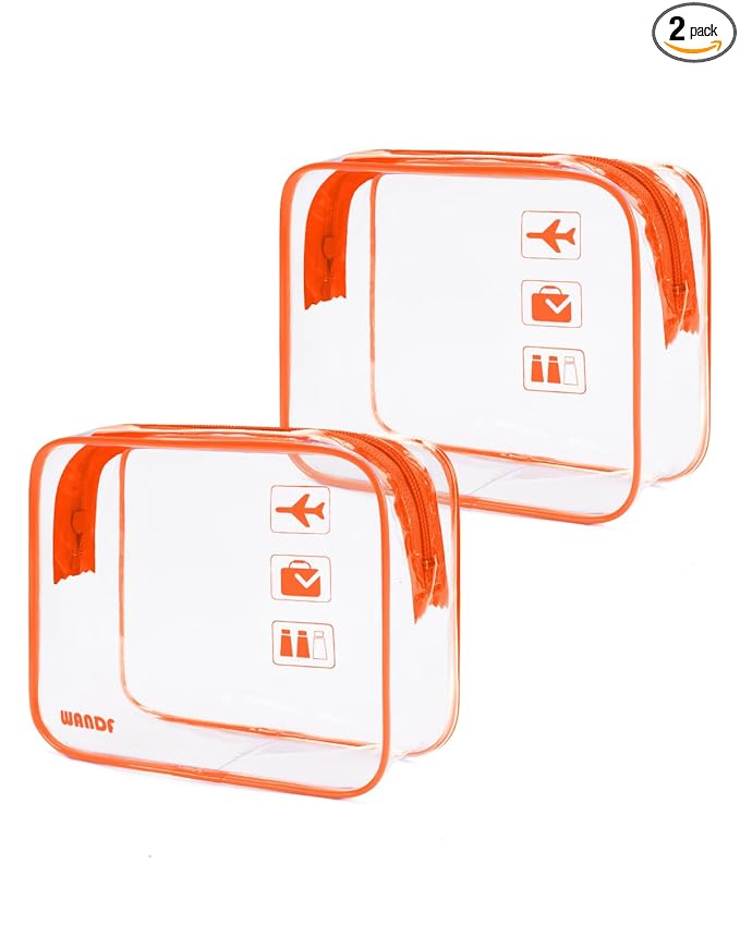 WANDF TSA Approved Toiletry Bag, 2 Packs Travel Clear Toiletry Bag, Quart Size Makeup Cosmetic Pouch with Zipper, Carry-On Airport Compliant Bag for Women and Men (2pcs Orange)