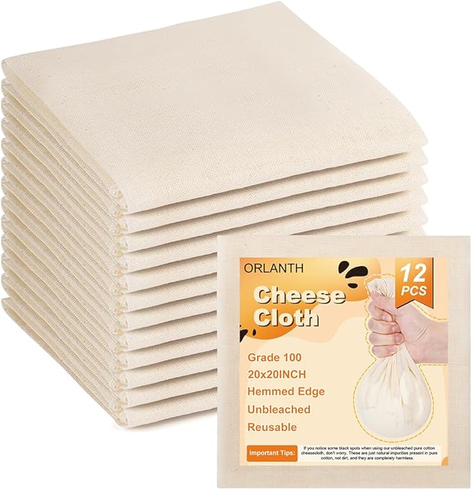 [12 PCS] Reusable Cheese Cloths, 20x20 Inch, 100 Percent Unbleached pure Cotton Cheese Cloth for Straining, 100 Grade Cheesecloth Hemmed Edges for Cooking, Baking, Juicing