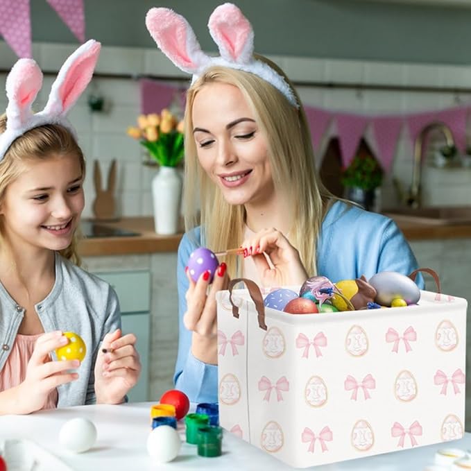 FXOLCSHE Rectangular Easter basket,Nursery Hamper,Collapsible waterproof baby toy storage box for Kids,Toy Organizer,Home Decor,Easter gift basket(Pink bow egg)