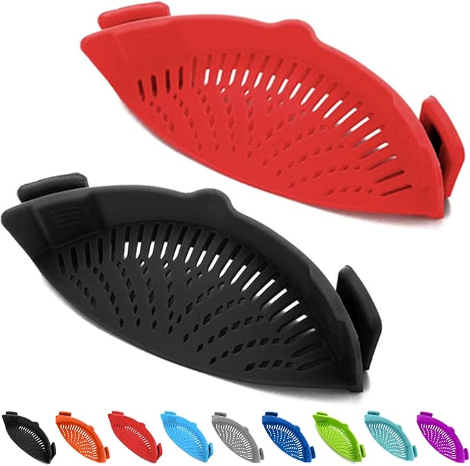 2 Pcs Clip on Strainers, Pot Strainer for Pasta Meat Vegetables Fruit, Silicone Strainer - Fit All Pots and Bowls