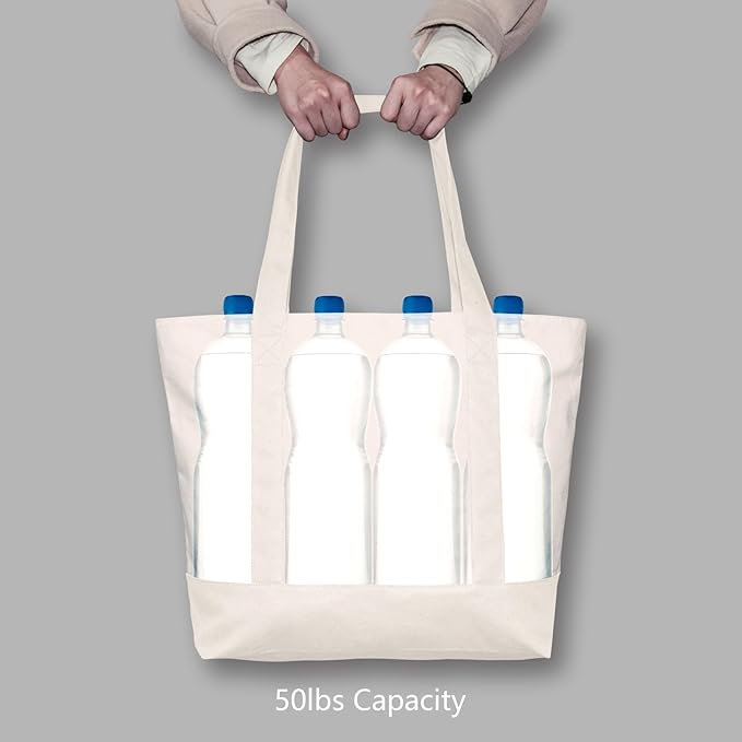TOPDesign 3-Pack Canvas Tote Bags with an External Pocket, Reusable Grocery Shopping Bags, Top Zipper Closure, Daily Essentials (Natural)