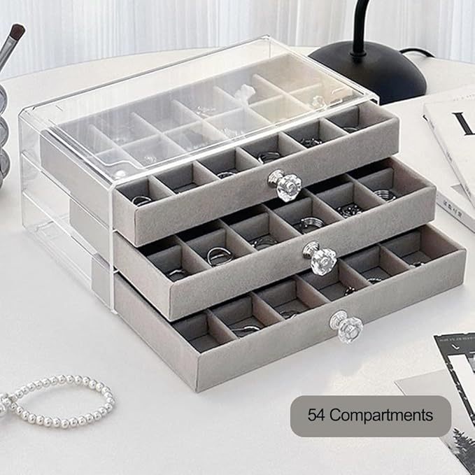 SPAKOWN Earring Box Holder Organizer Display Case, Clear Velvet Jewelry Storage Tray Organizer for Earring Ring Stud (Grey - 3 Drawers)