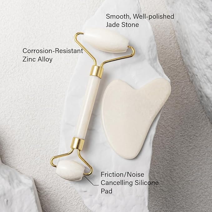 Gua Sha Facial Tools & Jade Roller for Face, Eye & Neck Skin Care, 100% Natural Jade Stone Face Roller Gua Sha Massage Tool, Eye Roller for Puffy Eyes, Facial Self Care Kit for Women (White)