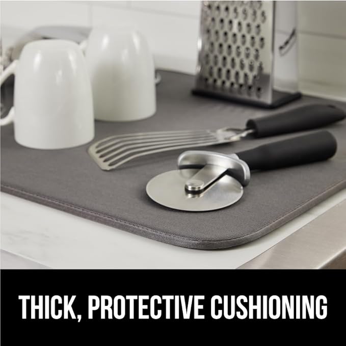 GORILLA GRIP Ultra Water Absorbent Microfiber Dish Drying Mat, 18x24, Quick Dry Thick Mesh, Slip Resistant Pad for Sink Dishes or Under Rack, Kitchen Counter Accessories, Machine Wash, 2 Pack Gray