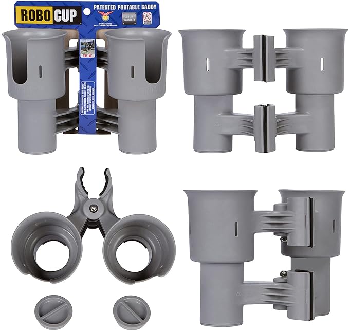 ROBOCUP, (Gray), Patented Clamp On Boat Cup Holder |Multifunction Dual Drink Caddy for Fishing Poles, Tools, Net, Gaff |Portable Storage for Boating, Beach, Umbrellas, Golf Carts, Strollers