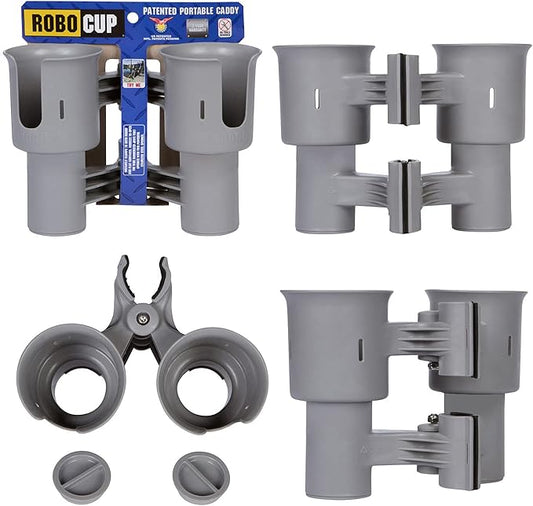 ROBOCUP, (Gray), Patented Clamp On Boat Cup Holder |Multifunction Dual Drink Caddy for Fishing Poles, Tools, Net, Gaff |Portable Storage for Boating, Beach, Umbrellas, Golf Carts, Strollers