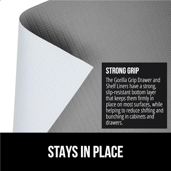 GORILLA GRIP DripGuard Shelf Liner, Non-Adhesive Drawer and Kitchen Cabinet Protector, Strong Grip Slip Resistant Underside, Smooth Surface Liners for Cabinets, Bathrooms, Closets, 12x120 Inch, Gray