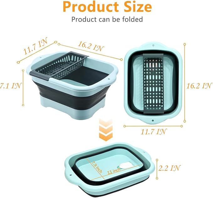 2.98 Gallon (11.28L) Collapsible Dish Basin with Drain Plug, Outdoor Multiuse Foldable Sink Tub, Dishpan, Wash Basin, Portable Kitchen Storage Tray for Camping, RV, Beverage Bucket (Green)