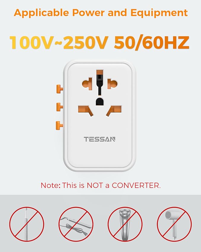TESSAN Universal Travel Adapter Worldwide, GaN 65W International Plug Adapter with 3 USB C 2 USB A Ports, World Power Outlet for European USA UK Australia Ireland (Type C/G/A/I)