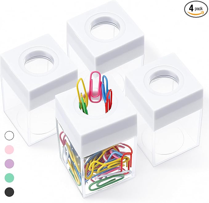 4 Pieces Magnetic Paper Clip Dispenser Holder Paperclip Dispenser for Desk, School, Office(White)