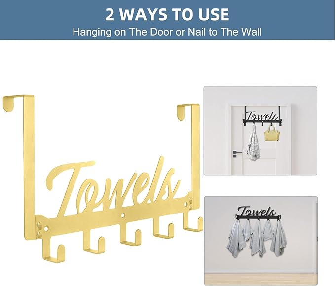 2 Pack Over The Door Hooks, Towel Rack for Bathroom Towel Holder for Hanging Heavy Duty, Wall Mount Towel Hanger with 10 Hooks for Bedroom Bathroom Kitchen Towels, Bag, Coats(Gold)