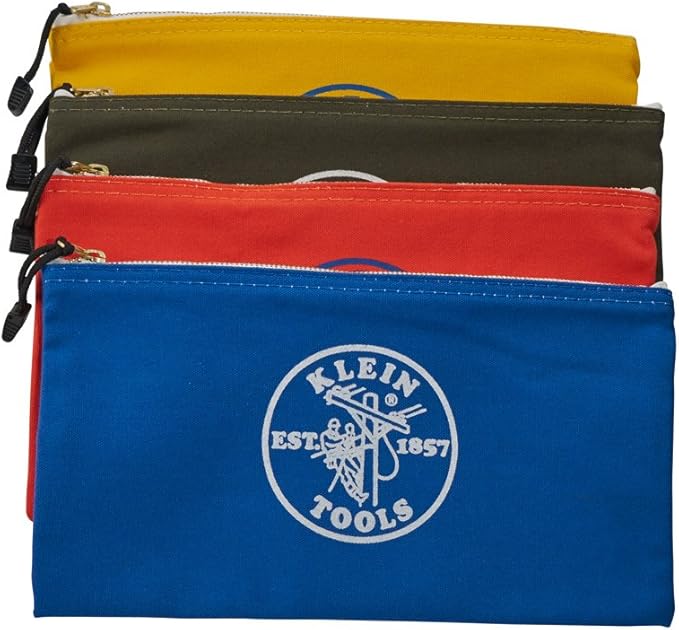 Klein Tools 5140 Canvas Zipper Bag, Tool Pouch, Bank Deposit Utility Bag, 12.5 x 7-Inch, Olive/Orange/Blue/Yellow 4-Pack