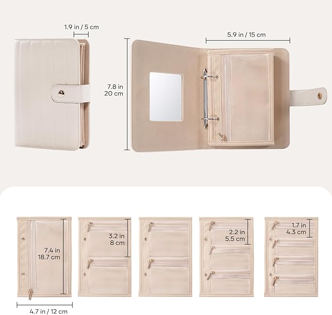 Lolalet Travel Jewelry Organizer Case, Portable Jewelry Storage Book Portfolio Binder with Zipper Velvet Pouch and Built-in Mirror for Women -Beige