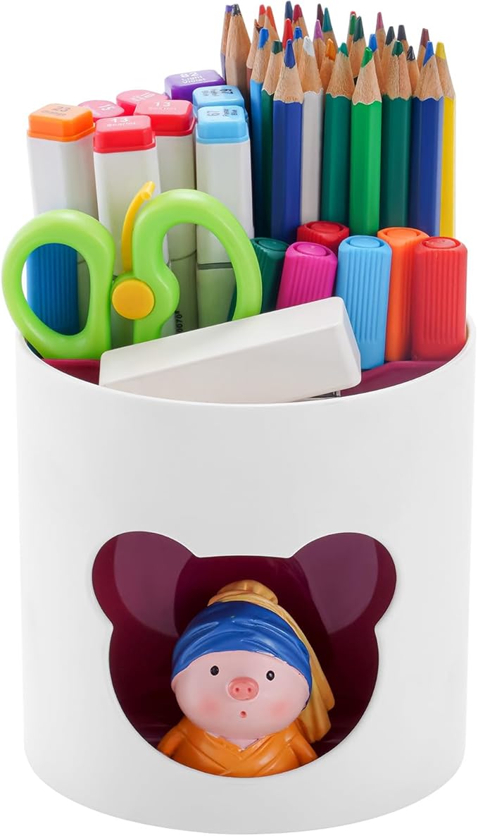 Marbrasse Desk Organizer - Cute Pen Holder & Art Supply Storage Box Caddy for Office & Classroom (White & Red Bear Head, One Size)