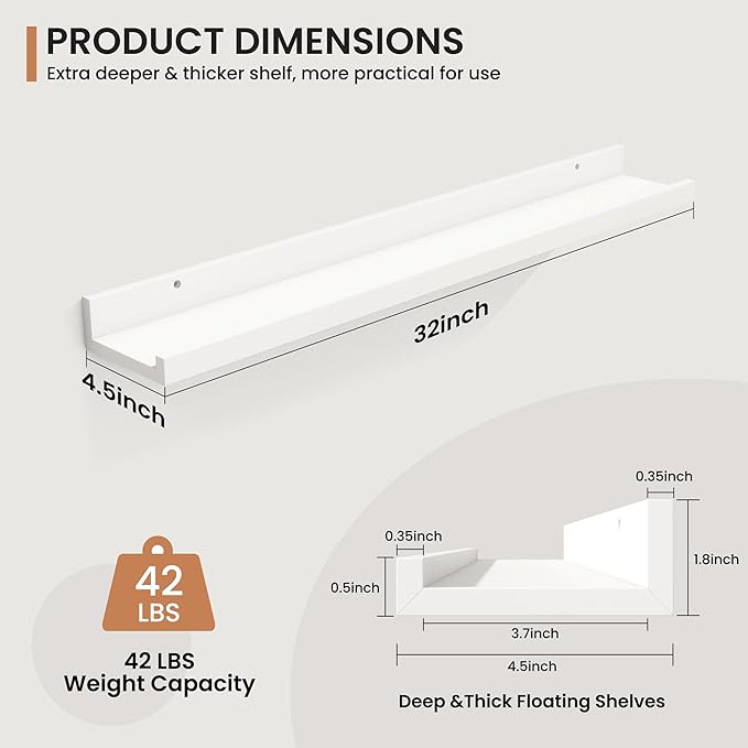 Fun Memories Picture Ledge Shelves Set of 2, 32 Inch Rustic Wall Mounted Floating Shelves with Lip for Home Storage and Decor in Bathroom, Kitchen, Nursery, Bedroom, Living Room, White