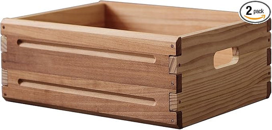 KLZLQ-XINCHEN 2 Pack Wooden Storage Bins of 16"x12"x6.25". Durable Open Solid Wood Box w/ Handles. Farmhouse Container Shelf Baskets. Multipurpose Home Décor Organizer Crates for Display, Pantry, Book, CD