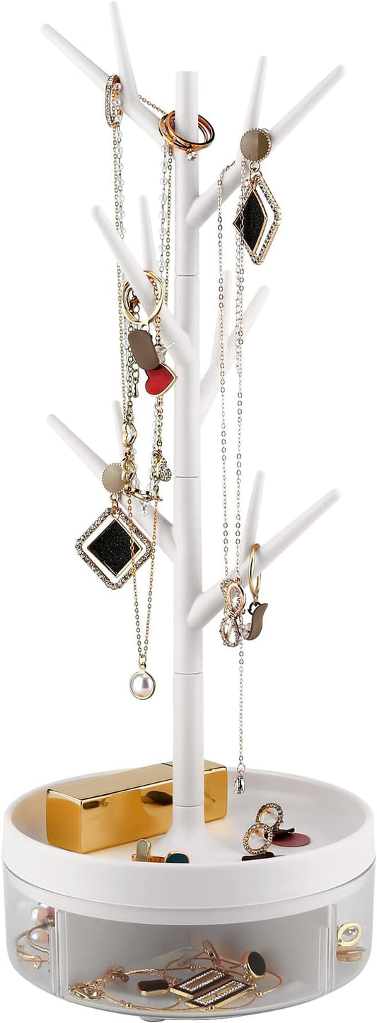 Branch Jewelry Rack With Rotatable Base and Storage Box Tree Tower Rack Hanging Organizer for Ring Earrings Necklace Bracelet,Suitable for living rooms, bathrooms,offices,etc.