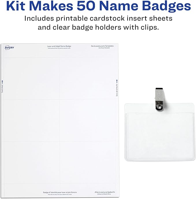 Avery Customizable Name Badges, Clip Style, 3" x 4", Clear Name Tag Holders, White Laser/Inkjet Printable Inserts, 50 Total (74536)
