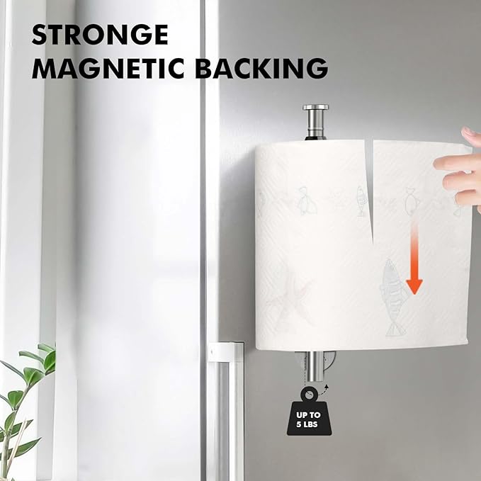 KIHOGEM Magnetic Paper Towel Holder, One Hand Operable Paper Towel Holder Wall Mount with Strong Magnetic Backing and Self-Adhesive for Kitchen Refrigerator RVs Grill Garage(Silver)