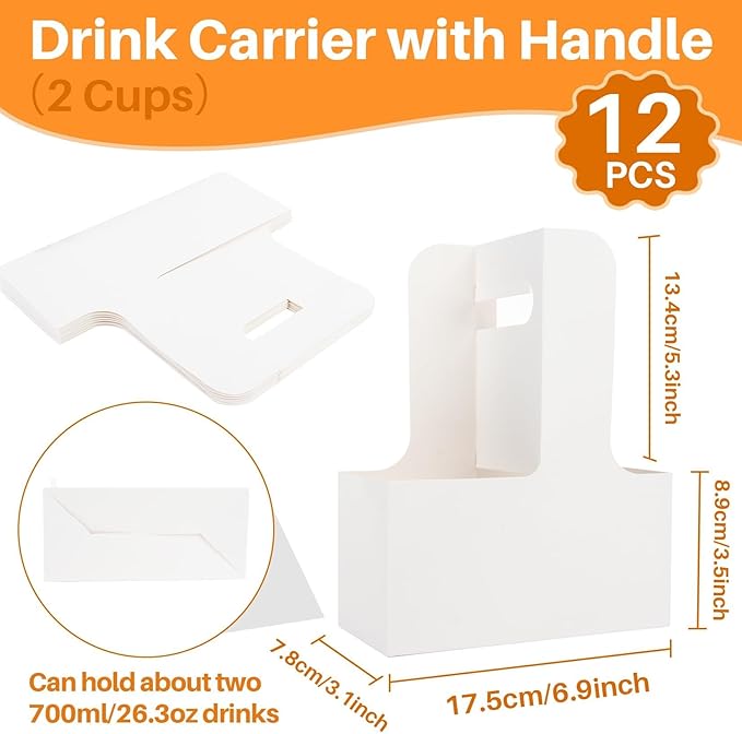 MAQIHAN 2 Cup Drink Carrier with Handle - 12Pcs Disposable Paper Cardboard Coffee Cup Holder Portable Drink Caddy Cup Carriers to go Cup Holder Food Delivery Accessories for Hot/Cold Drinks (White)