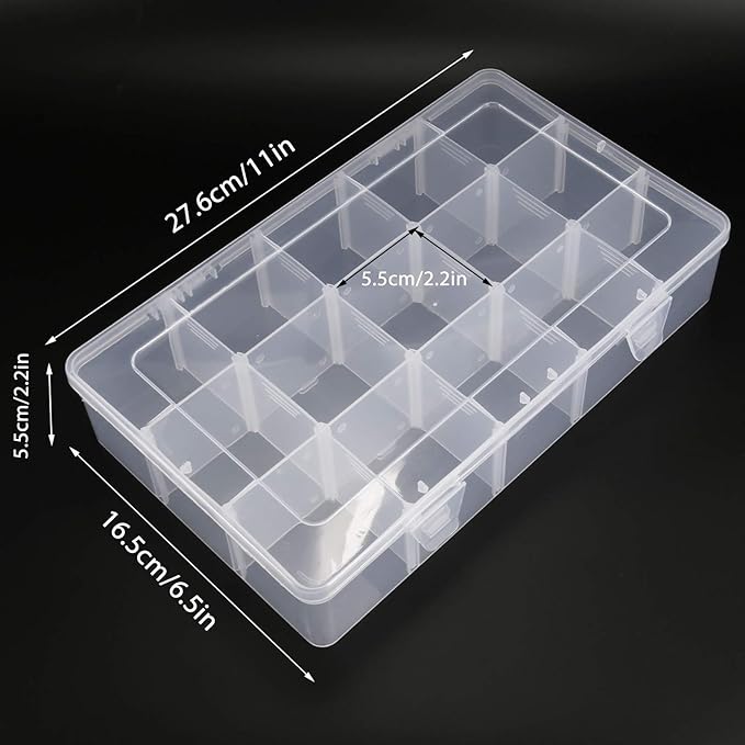2 Pack 15 Grids Clear Plastic Organizer Box with Adjustable Dividers, Craft Storage Containers for Jewelry, Beads, Screws, Tackle Box, Washi Tapes, Small Parts Organizer for Arts and Crafts
