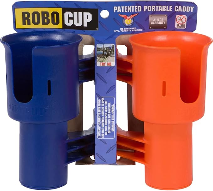 ROBOCUP, (Navy & Orange), Patented Clamp On Boat Cup Holder |Multifunction Dual Drink Caddy for Fishing Poles, Tools, Net, Gaff |Portable Storage for Boating, Beach, Umbrellas, Golf Carts, Strollers
