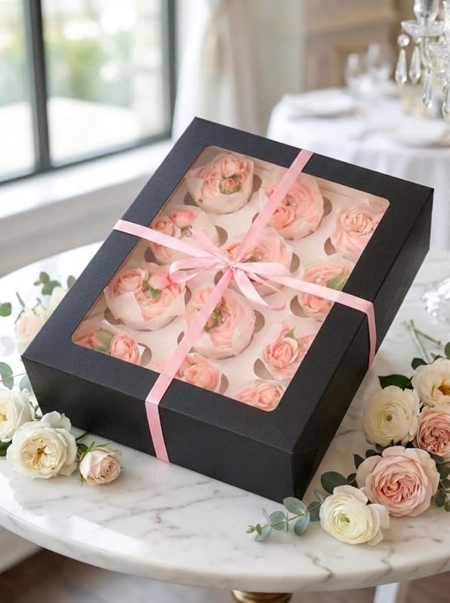 Bakepacker Auto-pop up 12 Cupcake Containers 6-Packs Black Cupcakes Carrier, 12 Cupcake Boxes with Window 13"x10"x3.5"