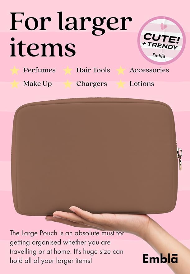 Embla Makeup Bag Travel Cosmetics Pouch and Toiletry Bag, Nylon Zipper Pouch Purse, Cute Make Up Organizer Storage Tote for Women Girls, Travel Skincare Case, Large Makeup Bags, Mocha Mousse