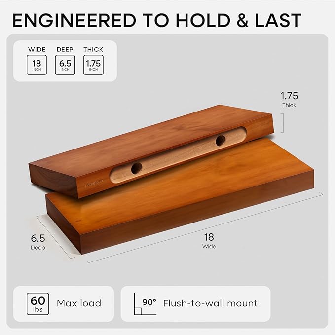 Homeforia 18 inch Floating Shelf Oak, High-End Solid Real Wood 18-inch Long Floating Shelves for Wall Mounted, Honey Oak Wooden 18-inch Floating Shelves, Heavy Duty Bracket, 18 X 6.5 X 1.75 inch, Set of 2