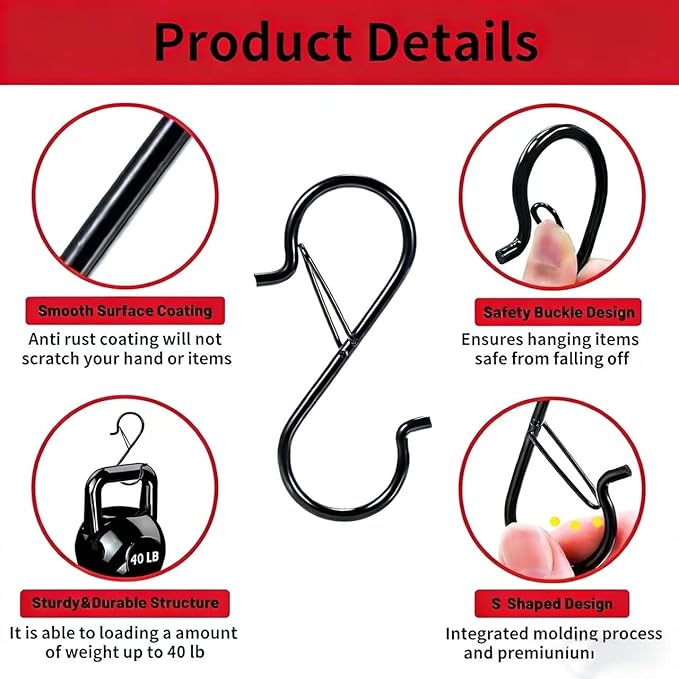 10 Pack 3-1/2 inches S Shape Hooks Heavy-Duty Metal Hanging Hooks Apply Kitchenware Bathroom Utensils Plants Towels Gardening Multiple uses Tools(Black)
