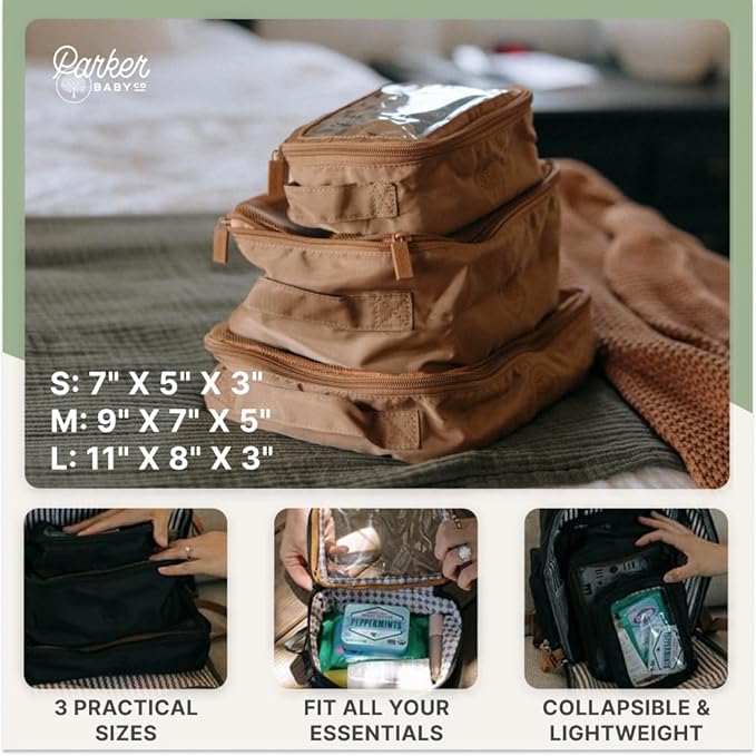 Parker Baby Co. Lightweight Packing Cube Set 3-Pack | Collapsible, Durable, Mesh & Clear Top | Travel Organizer for Diaper Bags, Luggage - Black/Mocha Checker