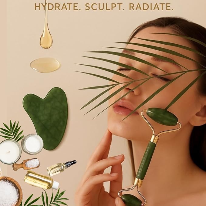 Gua Sha Facial Tool and Jade Roller Set –Anti-Aging Tools for Lymphatic Drainage, Puffiness, Wrinkles, and Relaxation – Skincare Tool for Face and Neck (Dark Green)